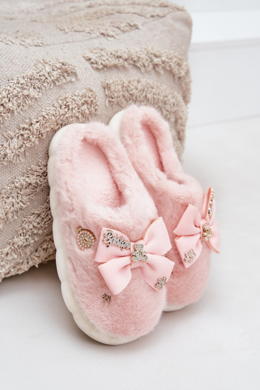 Furry Slippers With Bow And Pins Pink Annalira Furry Slippers With Bow And Pins Pink Annalira