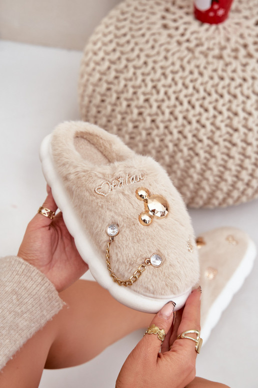 Furry Slippers With Bows Beige Ivelfedi