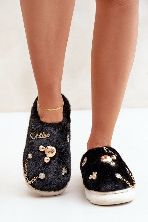 Furry Slippers With Bows Black Ivelfedi