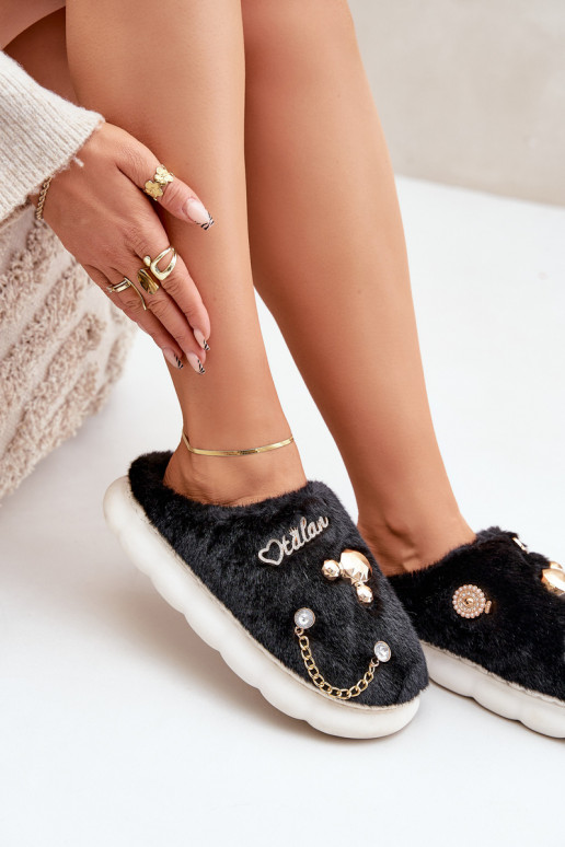 Furry Slippers With Bows Black Ivelfedi