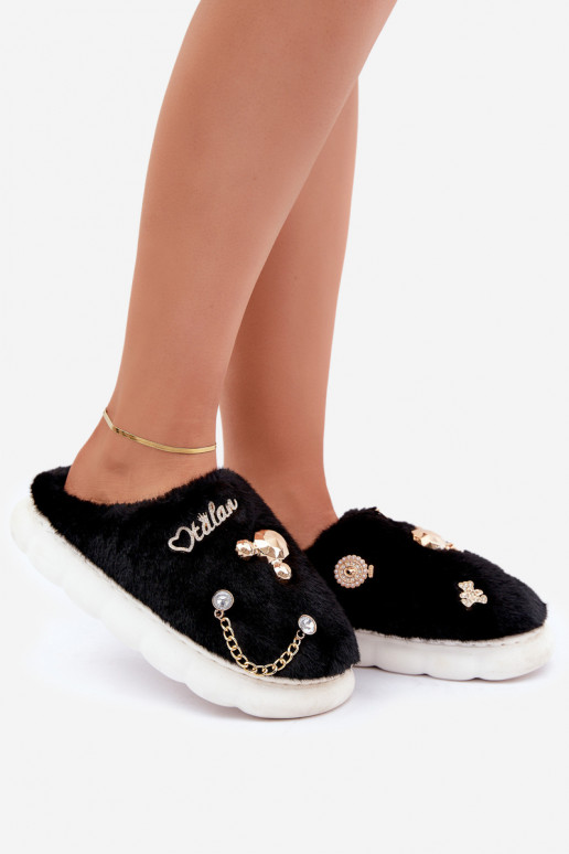 Furry Slippers With Bows Black Ivelfedi