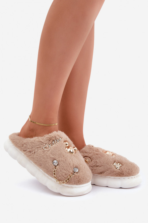 Furry Slippers With Prints Dark Beige Ivelfedi