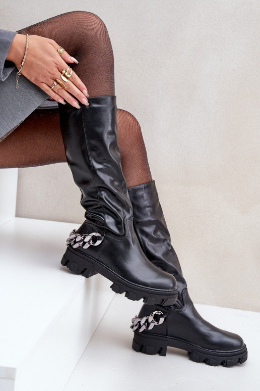Flat Heeled Boots With Chain Black Nauricette Flat Heeled Boots With Chain Black Nauricette