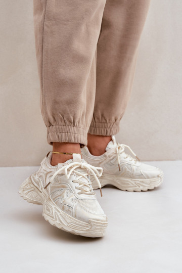 Sneakersy Damskie Z Przetarciami Na Platformie Beżowe Seladwen 2