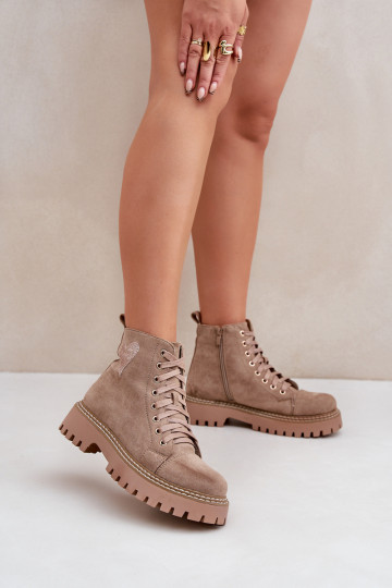 Women's Ankle Boots With Glittering Heart Dark Beige Nariri 2