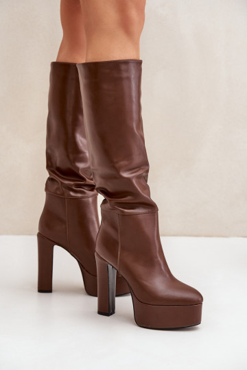 Knee High Boots On A Heel And Platform Made Of Eco Leather Brown Felilorn 2