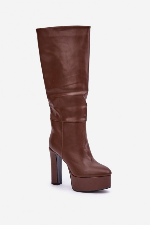 Knee High Boots On A Heel And Platform Made Of Eco Leather Brown Felilorn