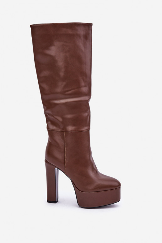Knee High Boots On A Heel And Platform Made Of Eco Leather Brown Felilorn