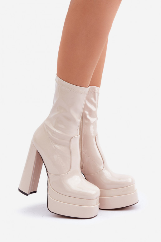 Lacquered Ankle Boots On Platform And High Heel Beige Lotisha