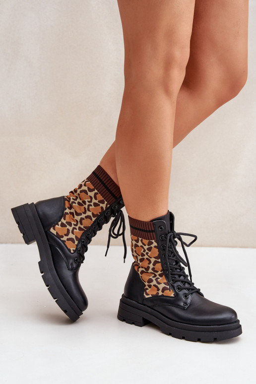 Women's Worker Ankle Boots With Sock In Leopard Black Penthis Women's Worker Ankle Boots With Sock In Leopard Black Penthis