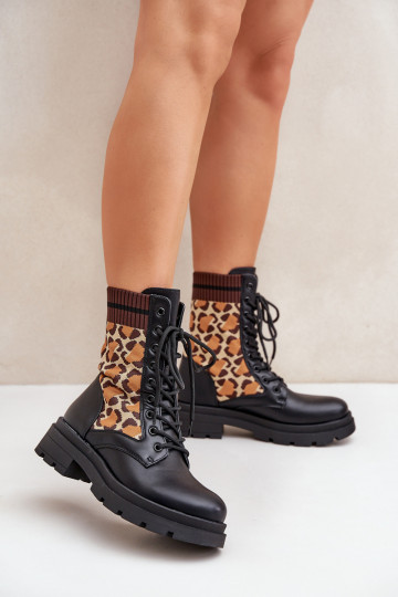 Women's Worker Ankle Boots With Sock In Leopard Black Penthis 2
