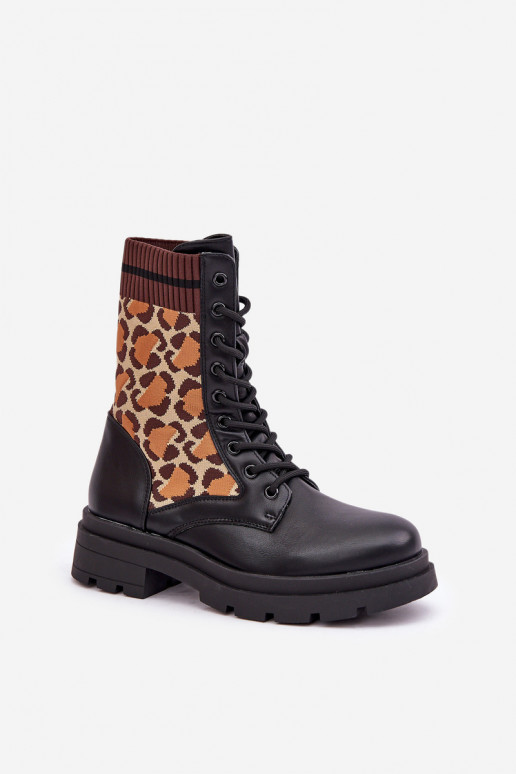 Women's Worker Ankle Boots With Sock In Leopard Black Penthis Women's Worker Ankle Boots With Sock In Leopard Black Penthis
