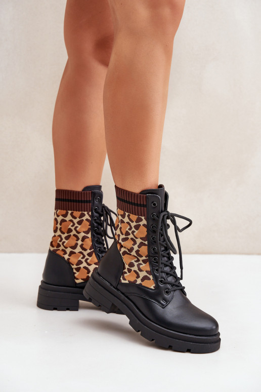 Women's Worker Ankle Boots With Sock In Leopard Black Penthis Women's Worker Ankle Boots With Sock In Leopard Black Penthis