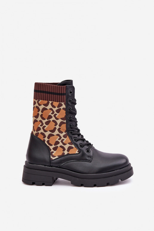 Women's Worker Ankle Boots With Sock In Leopard Black Penthis Women's Worker Ankle Boots With Sock In Leopard Black Penthis