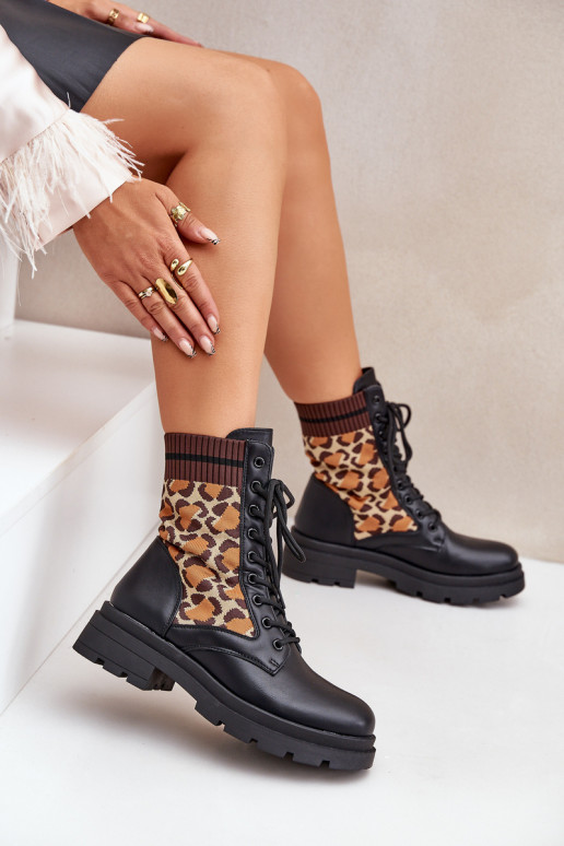 Women's Worker Ankle Boots With Sock In Leopard Black Penthis Women's Worker Ankle Boots With Sock In Leopard Black Penthis