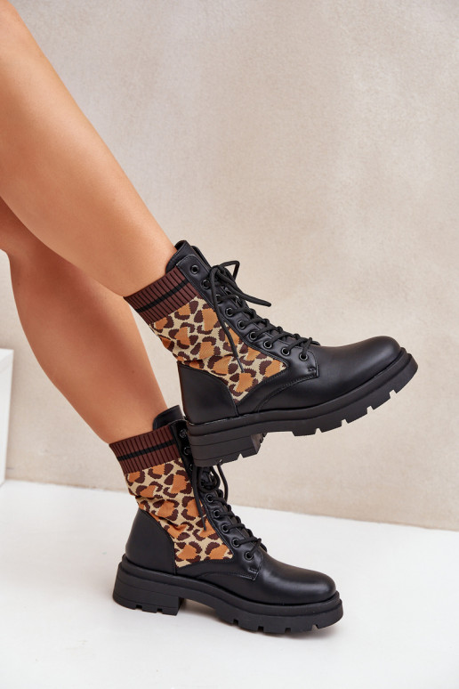 Women's Worker Ankle Boots With Sock In Leopard Black Penthis Women's Worker Ankle Boots With Sock In Leopard Black Penthis