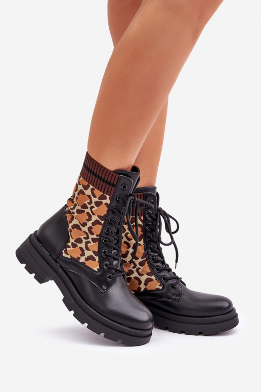 Women's Worker Ankle Boots With Sock In Leopard Black Penthis Women's Worker Ankle Boots With Sock In Leopard Black Penthis
