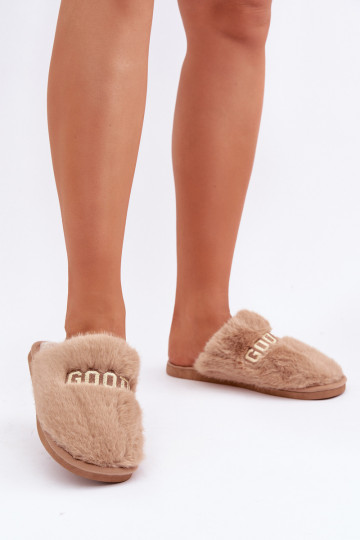Ladies Slippers With Fur And Text Brown Kalelia 2
