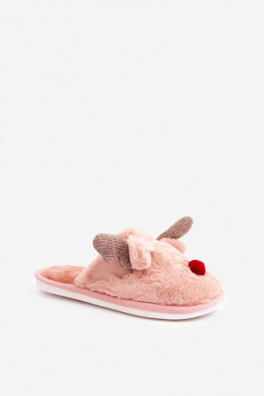 Women Fur Slippers With Reindeer Motif Pink Sennalith Women Fur Slippers With Reindeer Motif Pink Sennalith