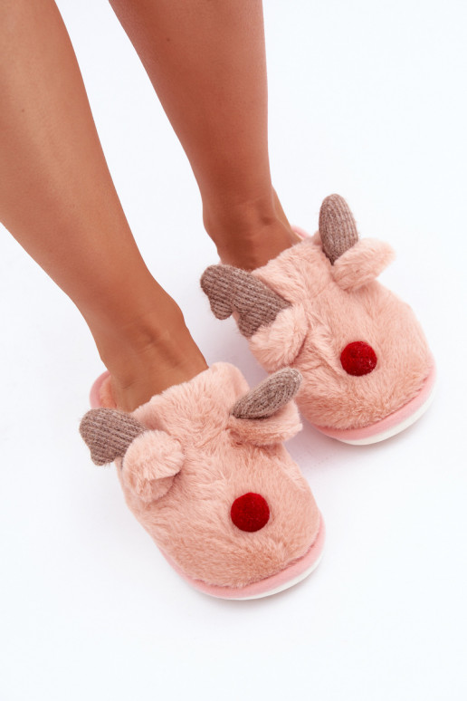 Women Fur Slippers With Reindeer Motif Pink Sennalith Women Fur Slippers With Reindeer Motif Pink Sennalith
