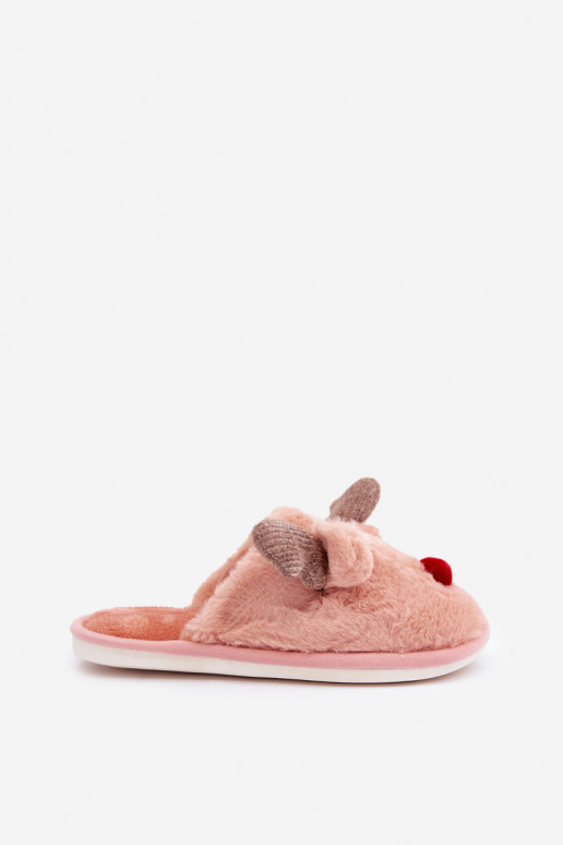 Women Fur Slippers With Reindeer Motif Pink Sennalith Women Fur Slippers With Reindeer Motif Pink Sennalith