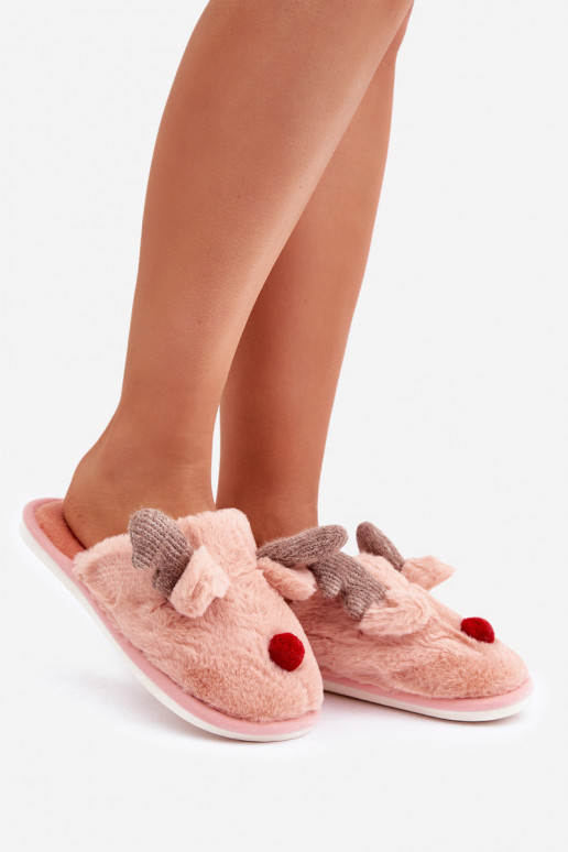 Women Fur Slippers With Reindeer Motif Pink Sennalith Women Fur Slippers With Reindeer Motif Pink Sennalith
