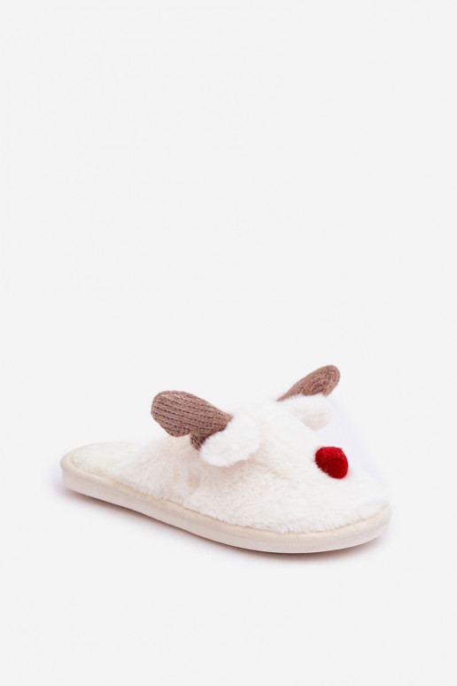 Women's Furry Slippers With Reindeer Motif White Sennalith Women's Furry Slippers With Reindeer Motif White Sennalith