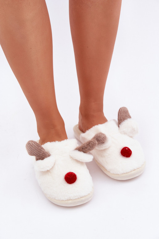 Women's Furry Slippers With Reindeer Motif White Sennalith Women's Furry Slippers With Reindeer Motif White Sennalith