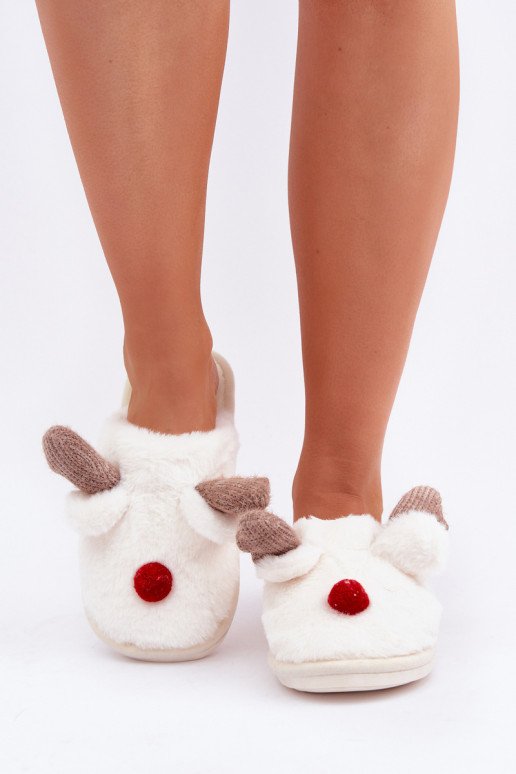 Women's Furry Slippers With Reindeer Motif White Sennalith Women's Furry Slippers With Reindeer Motif White Sennalith