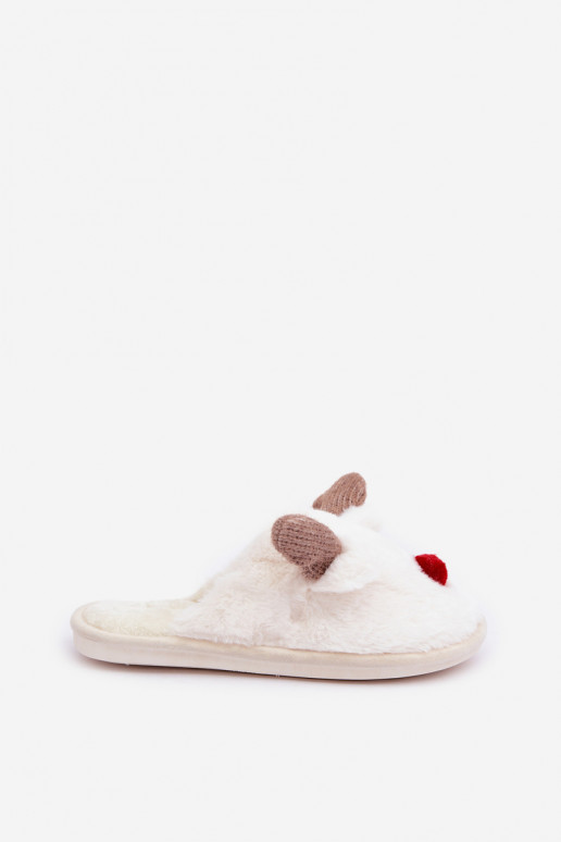 Women's Furry Slippers With Reindeer Motif White Sennalith Women's Furry Slippers With Reindeer Motif White Sennalith