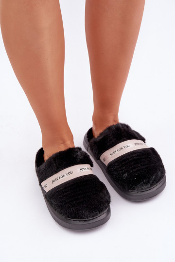 Furry Slippers With Decorative Strap Black Savalithea 2
