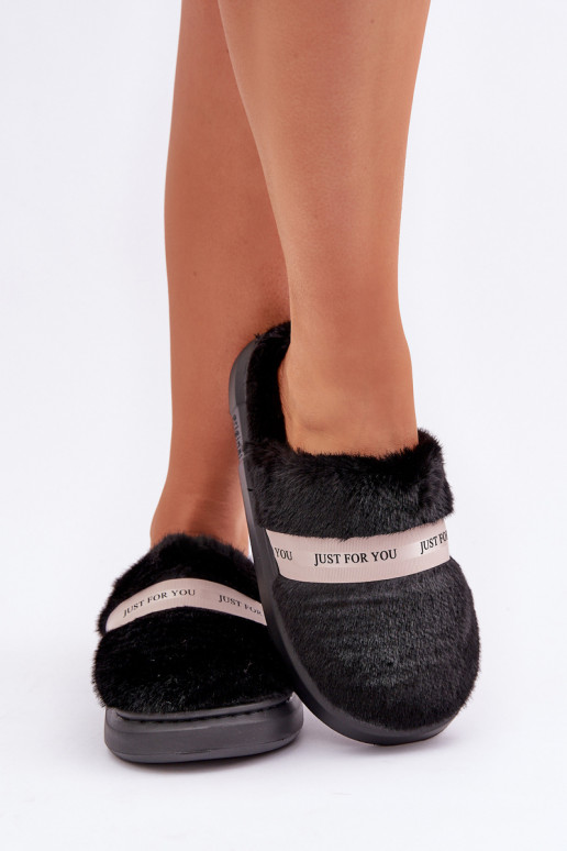 Furry Slippers With Decorative Strap Black Savalithea