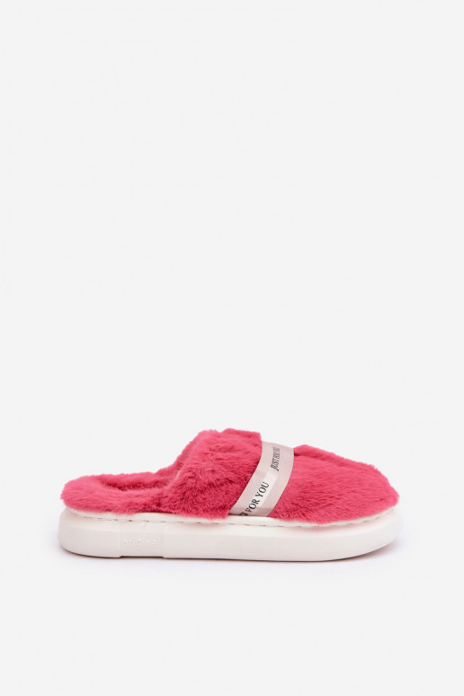 Furry Slippers With Decorative Strap Pink Savalithea Furry Slippers With Decorative Strap Pink Savalithea