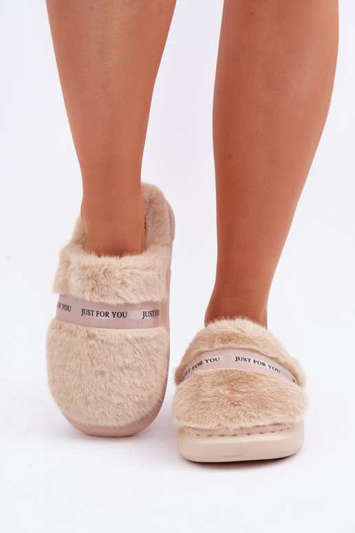 Fur Slippers With Decorative Strap Beige Savalithea
