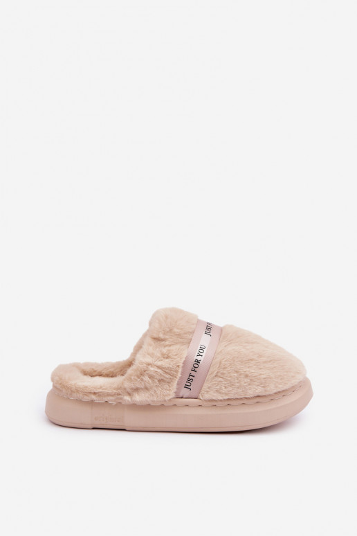 Fur Slippers With Decorative Strap Beige Savalithea