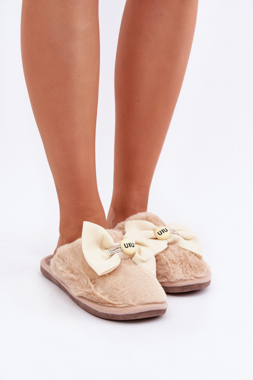 Women's Slippers With Fur And Bow Beige Olfedi Women's Slippers With Fur And Bow Beige Olfedi