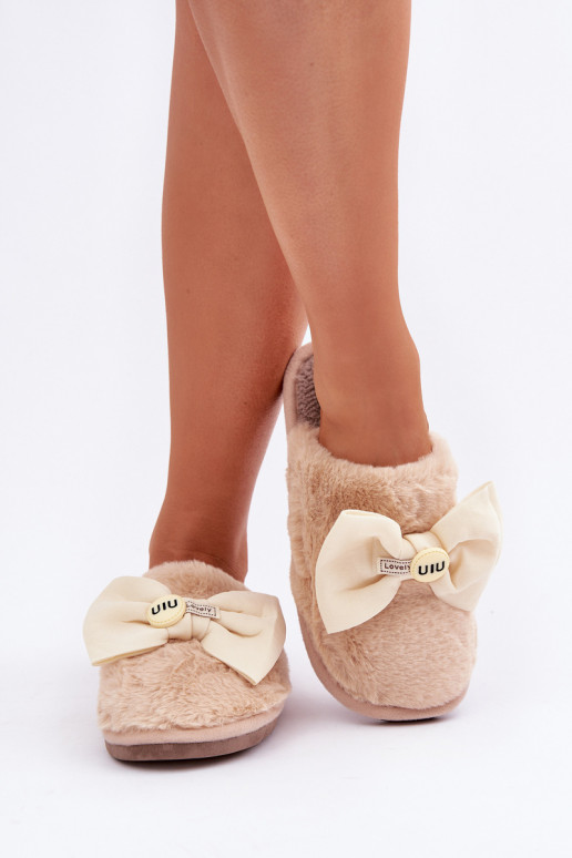 Women's Slippers With Fur And Bow Beige Olfedi Women's Slippers With Fur And Bow Beige Olfedi