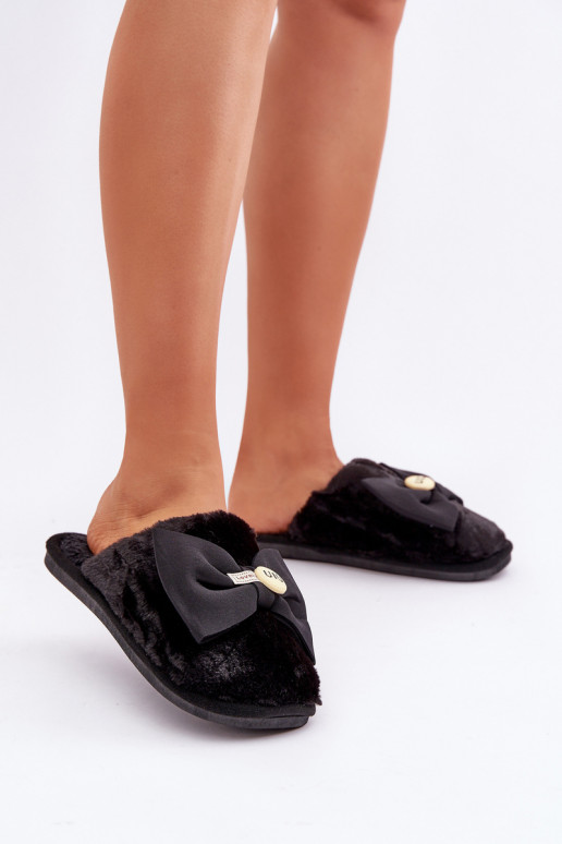 Women's Slippers With Fur And Bow Black Olfedi Women's Slippers With Fur And Bow Black Olfedi