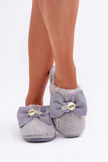 Kapcie Damskie Z Futerkiem I Kokardą Szare Olfedi