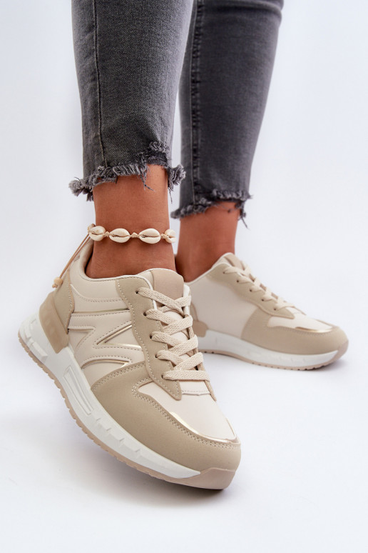 Women's Beige Faux Leather Sneakers...