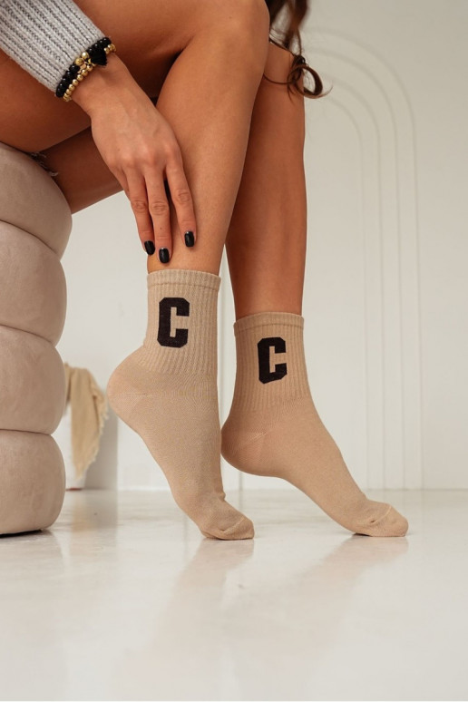 Ladies Cotton Socks With Letter C Beige Ladies Cotton Socks With Letter C Beige