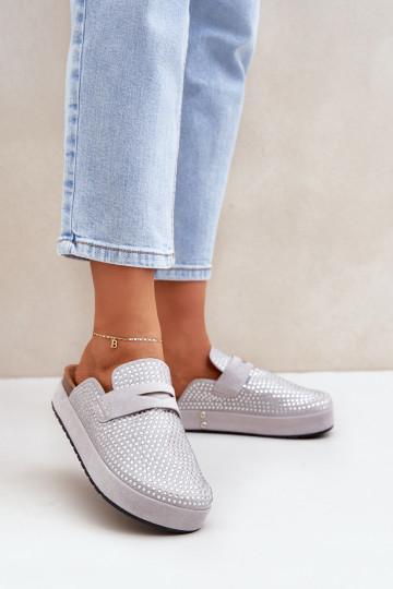 Ladies Sandals Adorned With Rhinestones On Platform Gray Deorani