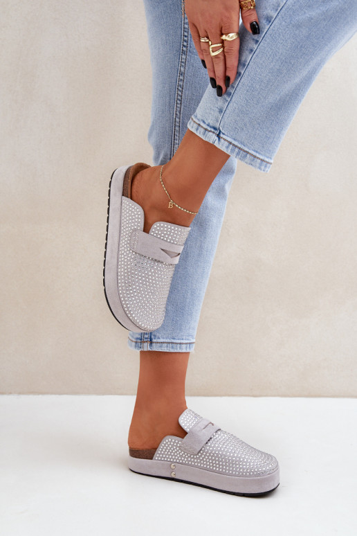 Ladies Sandals Adorned With Rhinestones On Platform Gray Deorani