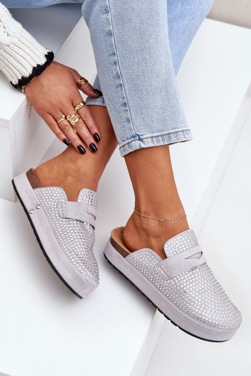 Ladies Sandals Adorned With Rhinestones On Platform Gray Deorani