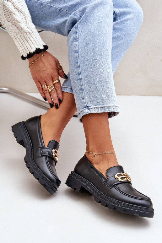 Mokasyny Damskie Ze Złotym Detalem Czarne Trionna