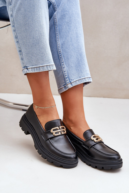 Mokasyny Damskie Ze Złotym Detalem Czarne Trionna