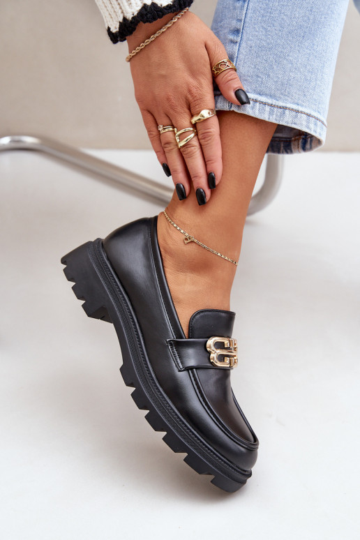 Mokasyny Damskie Ze Złotym Detalem Czarne Trionna