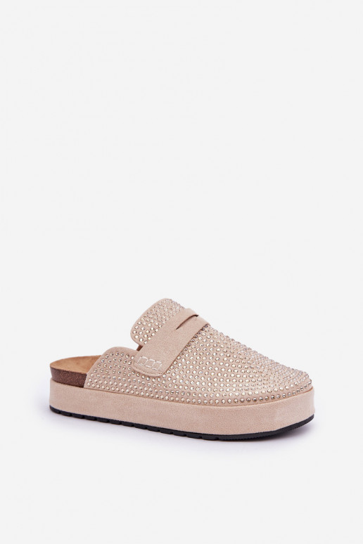 Women's sandals decorated with rhinestones on a platform beige Deorani