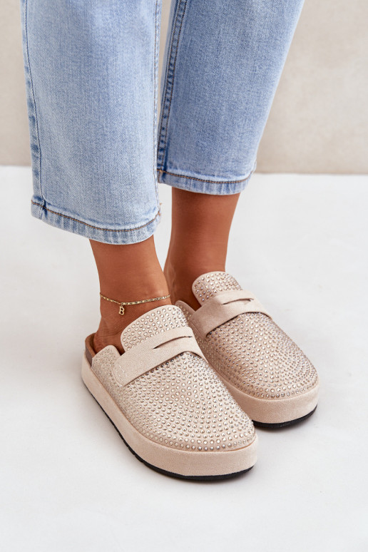 Women's sandals decorated with rhinestones on a platform beige Deorani