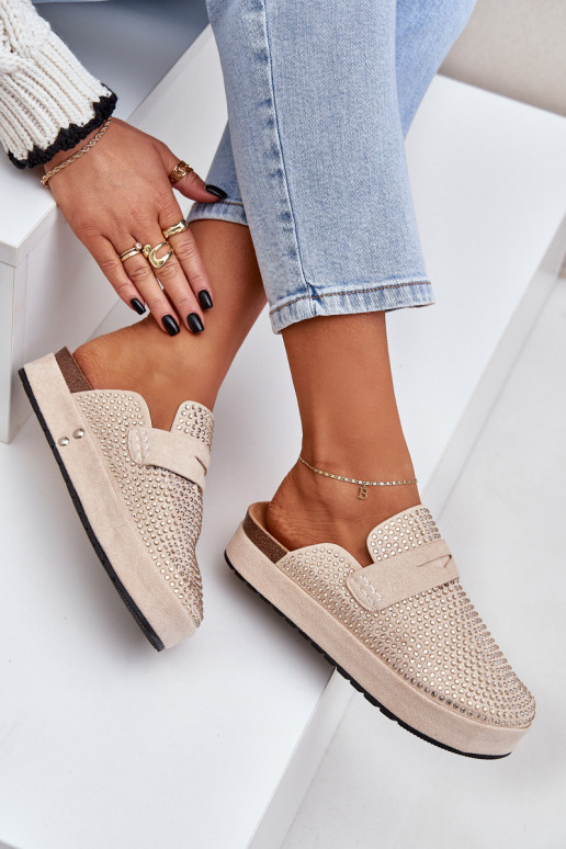 Women's sandals decorated with rhinestones on a platform beige Deorani